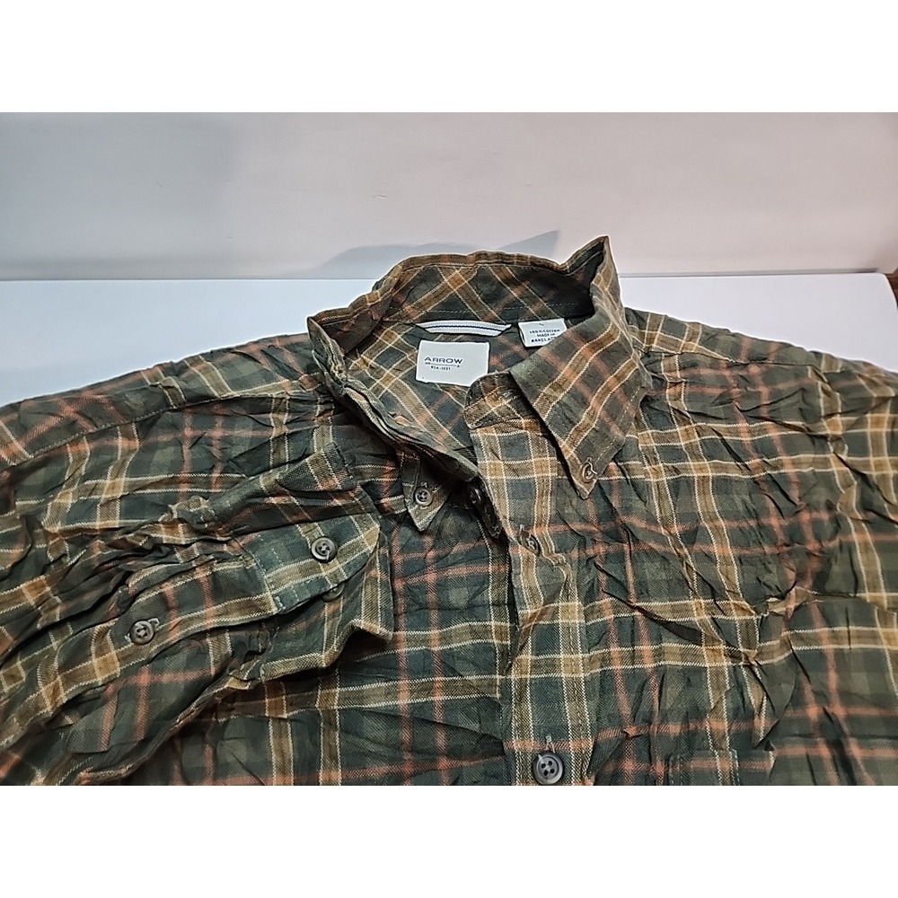 Arrow Mens Flannel Plaid Button Up Long Sleeve Shirt Large Green Brown